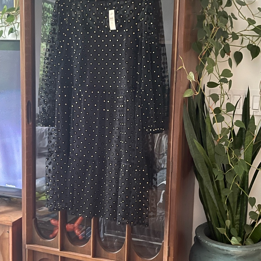 NWT Loft 14 Plus Black & Gold Polka Dot Dress